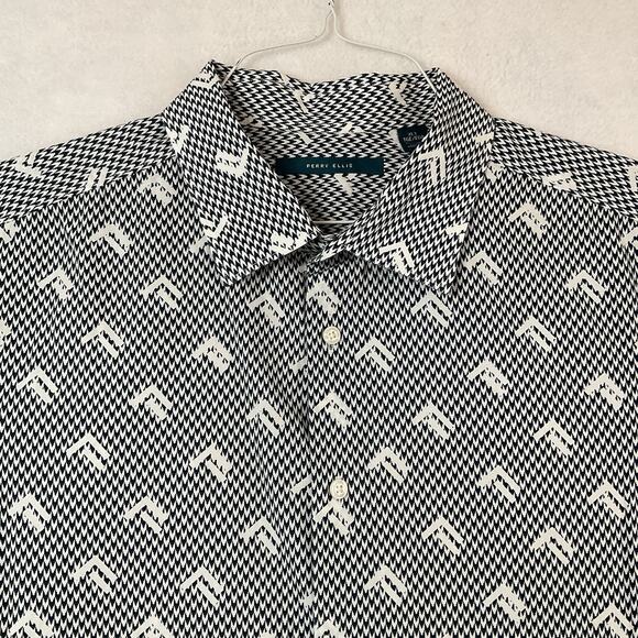 Perry Ellis Shirt Mens XLT Navy Blue White Geometric Short Sleeve Button Front - Picture 2 of 11